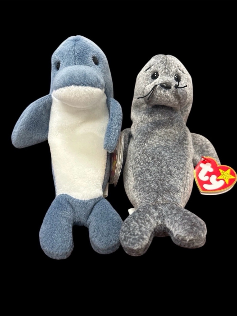 Ty Blue & White Dolphin and Gray Seal Plush Duo